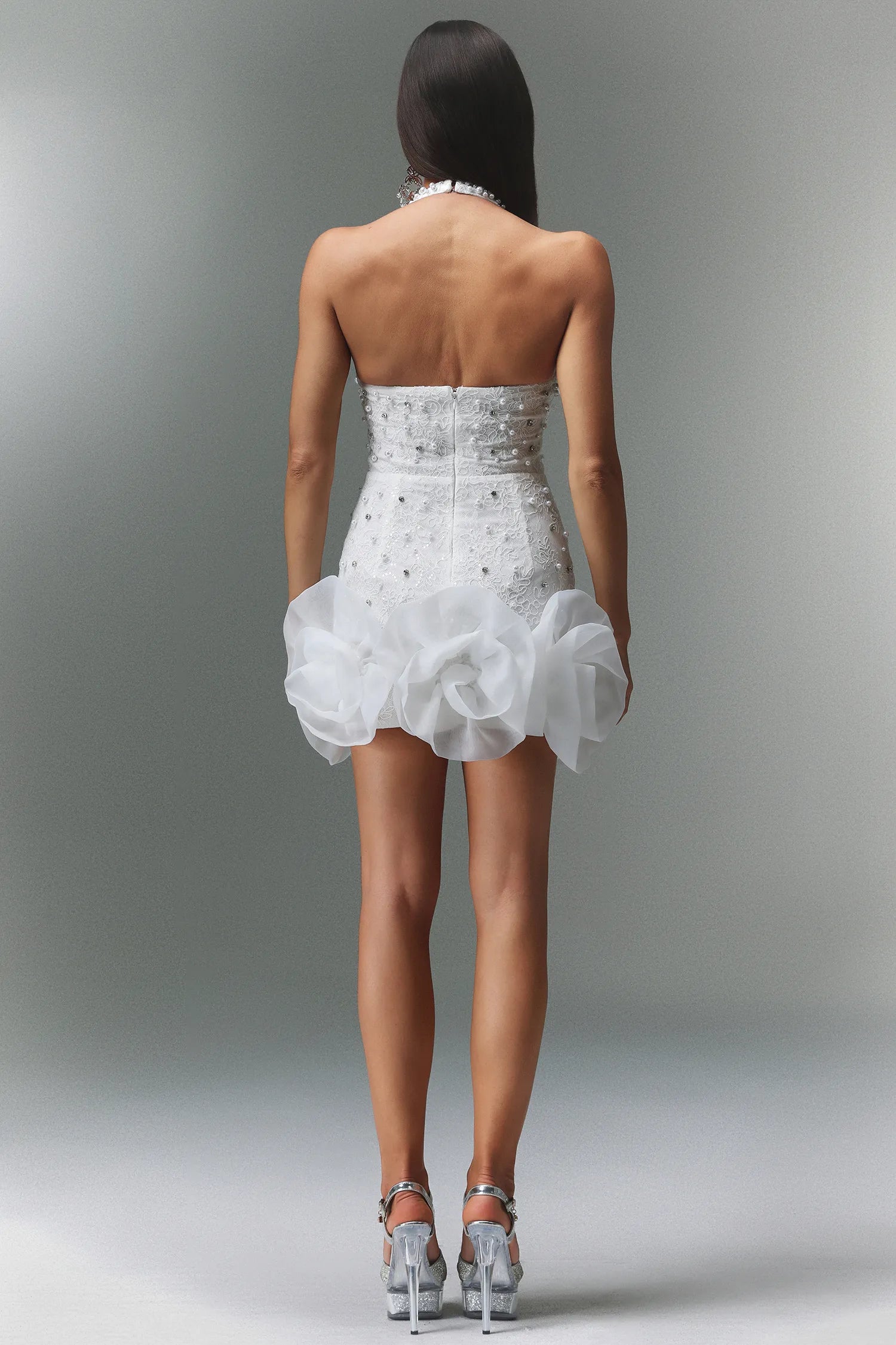 Sleeveless V-neck Diamond and pearl Flowers Mini Dress