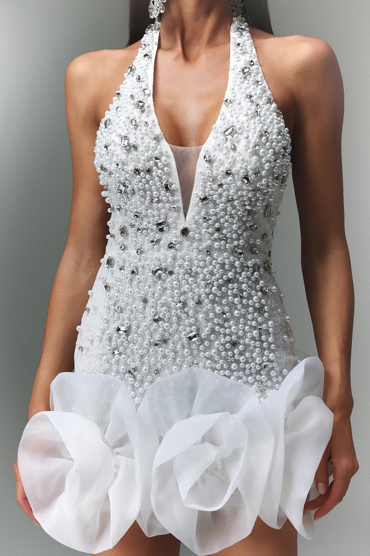 Sleeveless V-neck Diamond and pearl Flowers Mini Dress