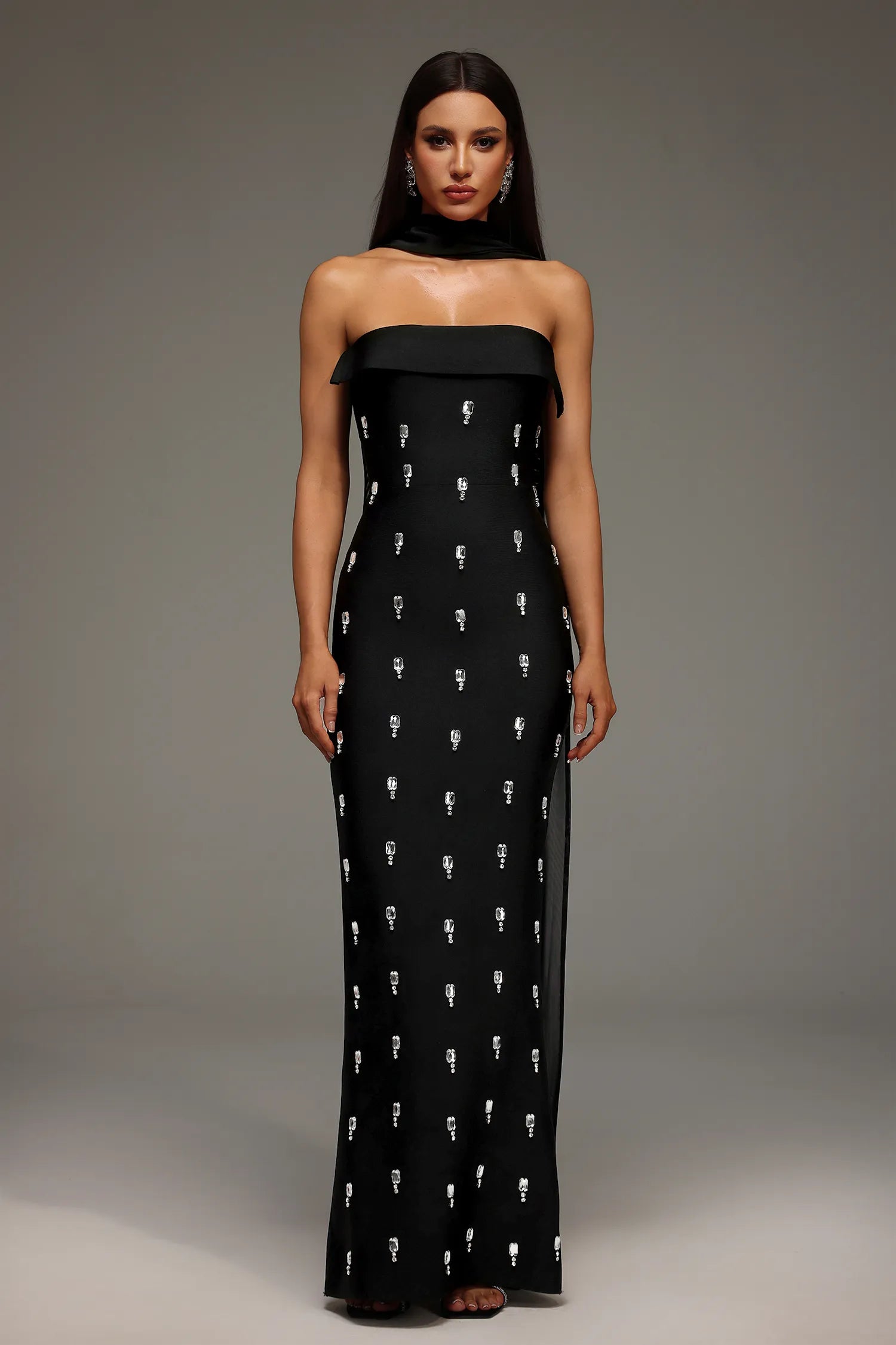 Vintage Elegant Black Strapless Sleeveless Crystal Dress