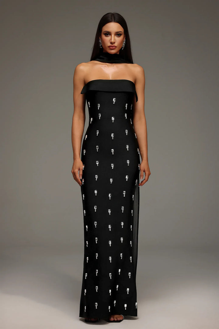 Vintage Elegant Black Strapless Sleeveless Crystal Dress