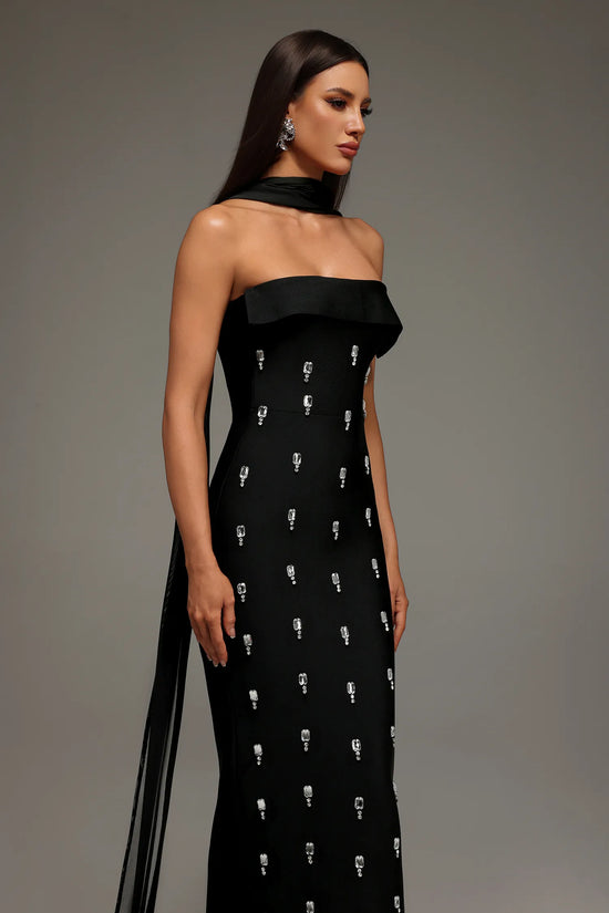 Vintage Elegant Black Strapless Sleeveless Crystal Dress
