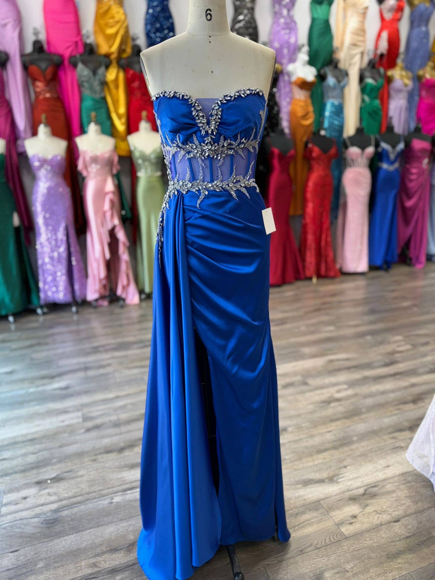 FOR FITTED BEADED HIGH SLIT SATIN DRESS