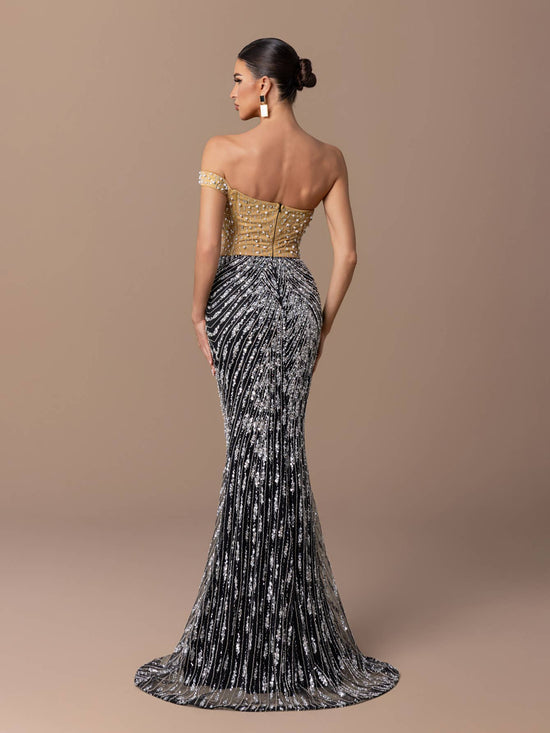 Two Color One Drop Shoulder beaded Dress