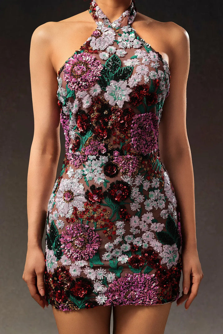 Luxury Beaded Halter Backless Sleeveless Mini Dress