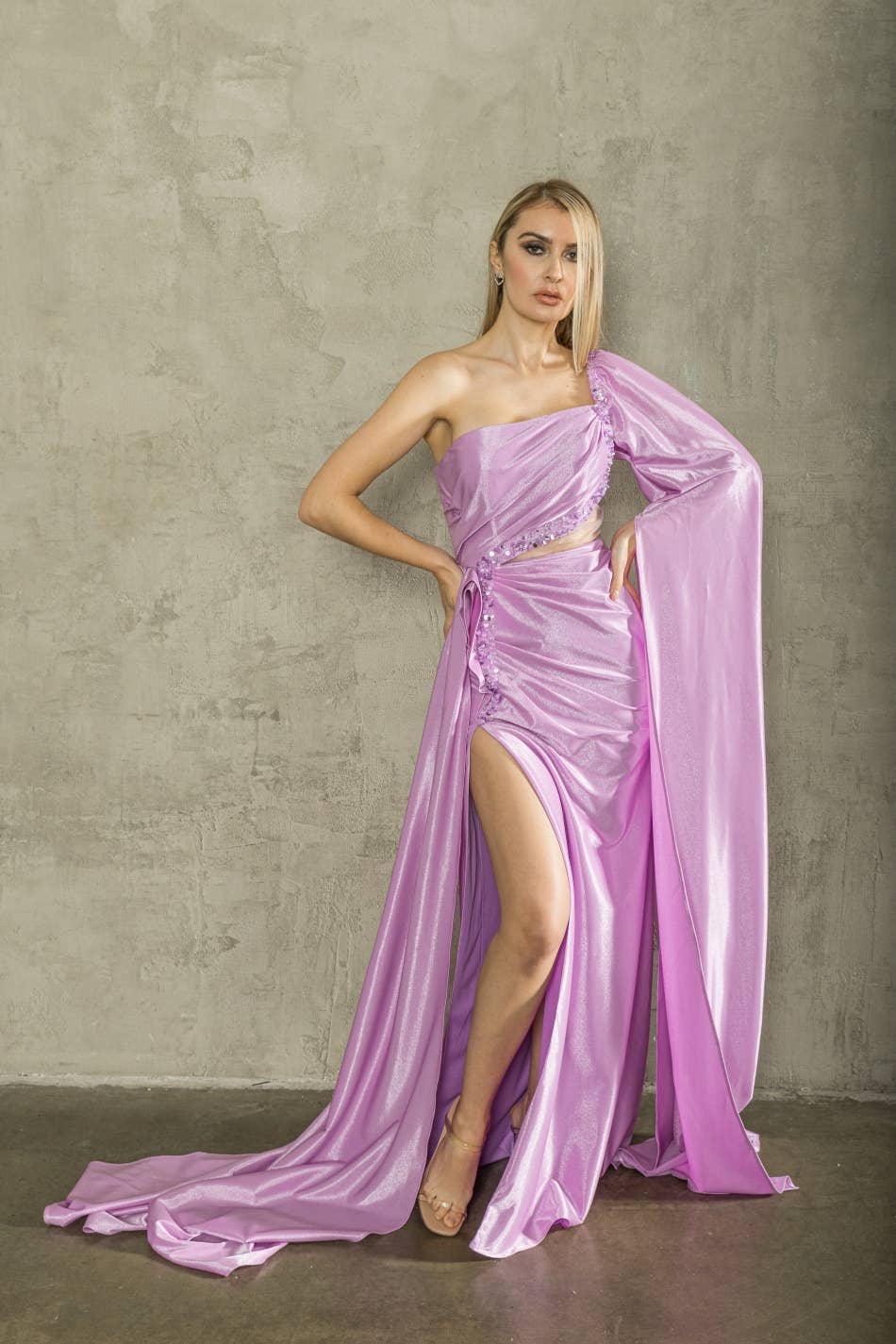 One shoulder draped Sleeve high slit evening dress