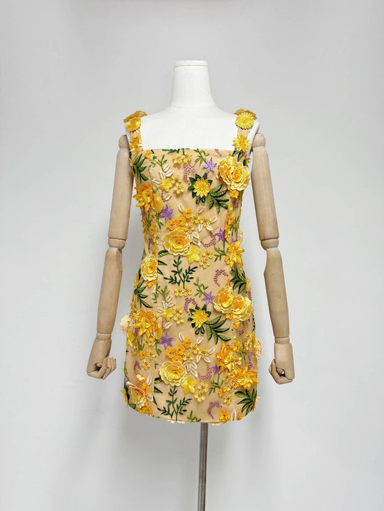 3D Floral Suspender Mini Dress with Slim High Waist