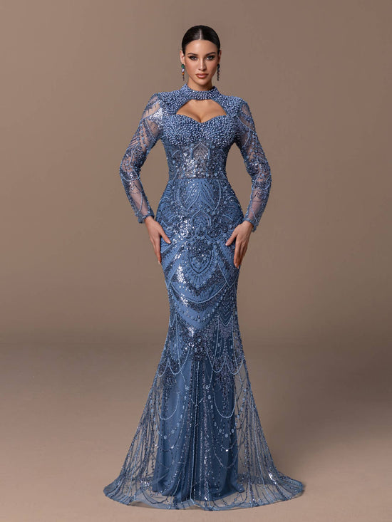 Blue Long Sleeved High Neck Beaded Dress