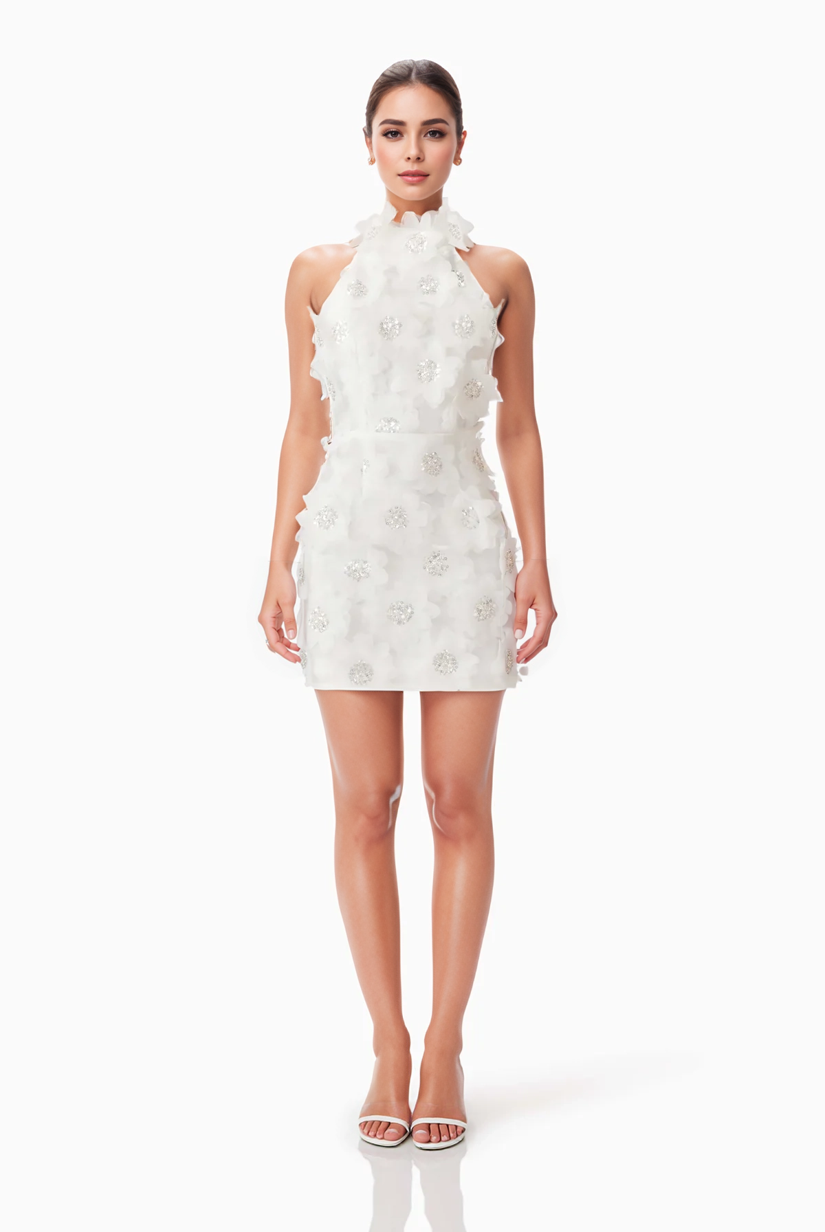 Halter Neck Sequin 3D Floral Backless Mini Dress