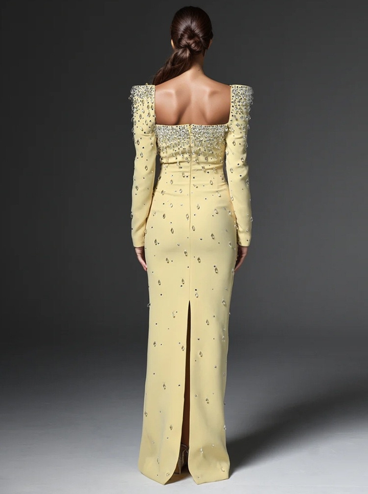 Square Neck Yellow Gown with Hand-Beaded Diamonds