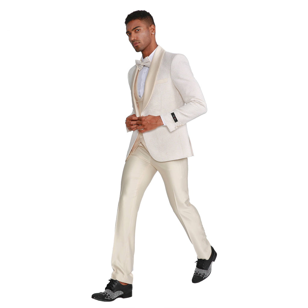 Tazzio Vested  Paisley Suit Set w/ Bowtie, Ivory