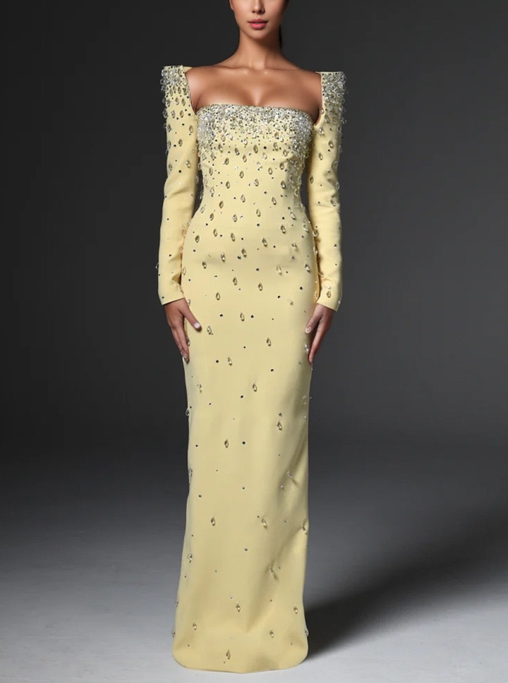Square Neck Yellow Gown with Hand-Beaded Diamonds