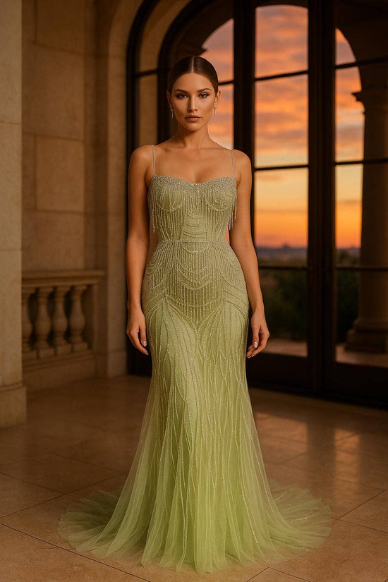 Sweetheart neckline, thin straps, sheer bodice & linier bead