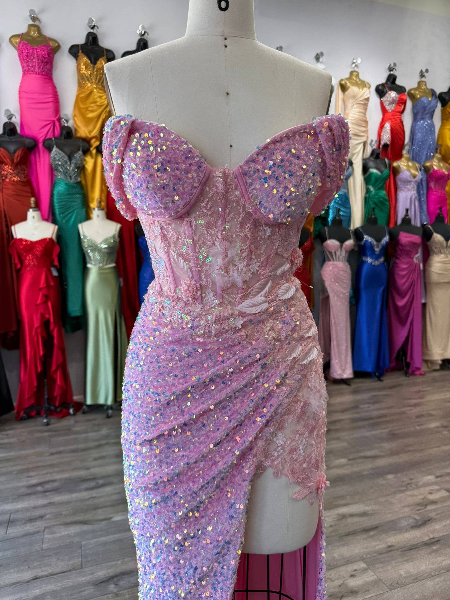 Off Shoulder sweetheart neckline, rhinestone embellished bus
