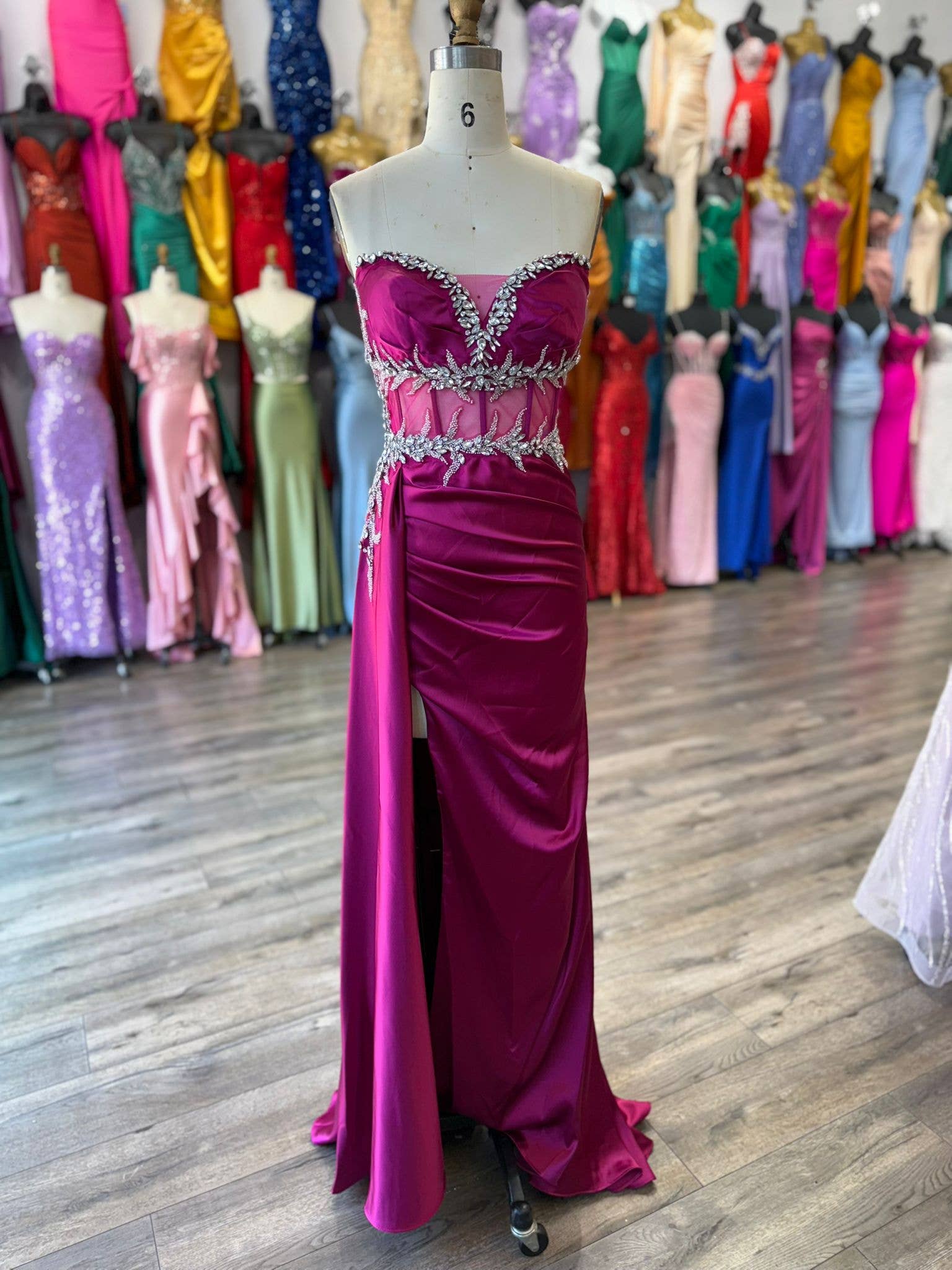 FOR FITTED BEADED HIGH SLIT SATIN DRESS
