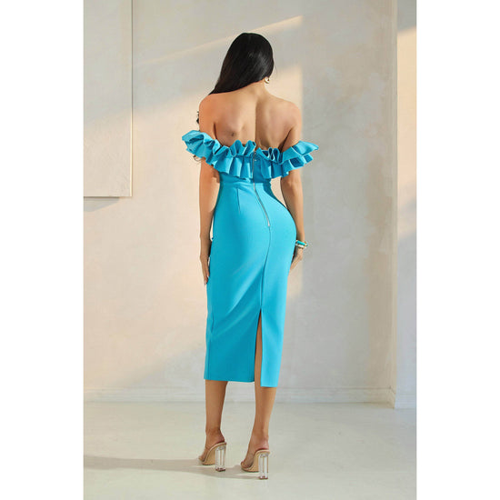 PLEATED RUFFLE OFF SHOULDER BANDAGE MIDI DRESS