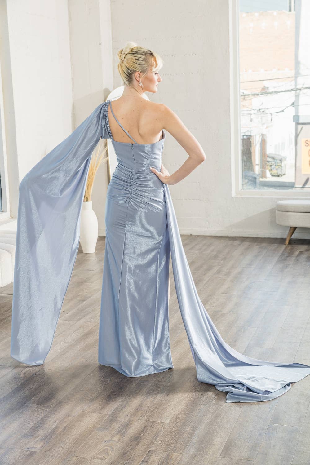 One shoulder draped Sleeve high slit evening dress