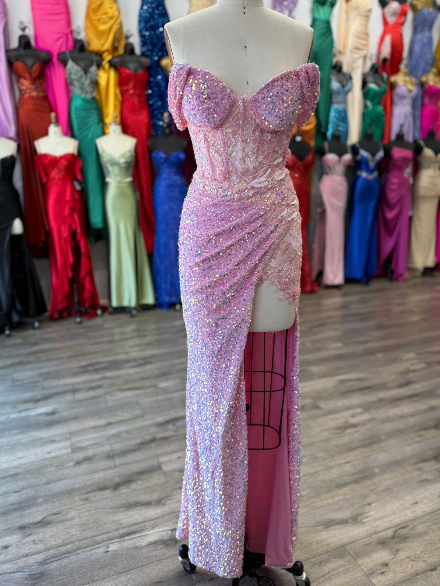 Off Shoulder sweetheart neckline, rhinestone embellished bus