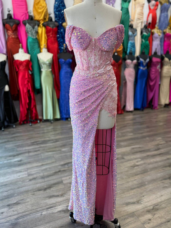 Off Shoulder sweetheart neckline, rhinestone embellished bus