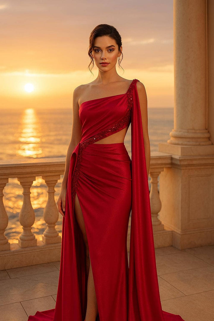 One shoulder draped Sleeve high slit evening dress