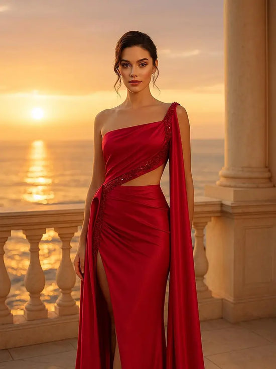 One shoulder draped Sleeve high slit evening dress