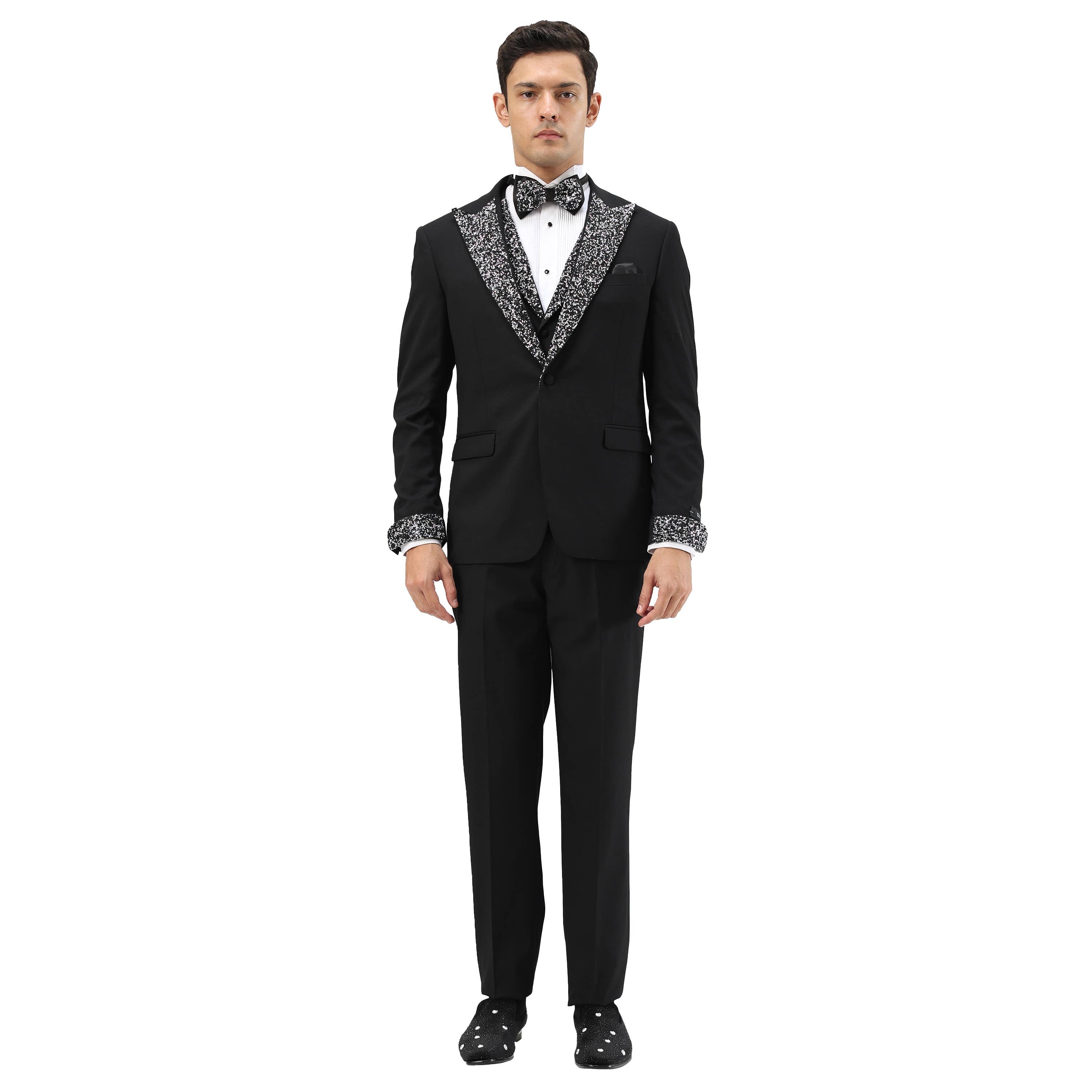Men's Skinny 3pc Tuxedo w Stone-Studded Peak Lapel, Black