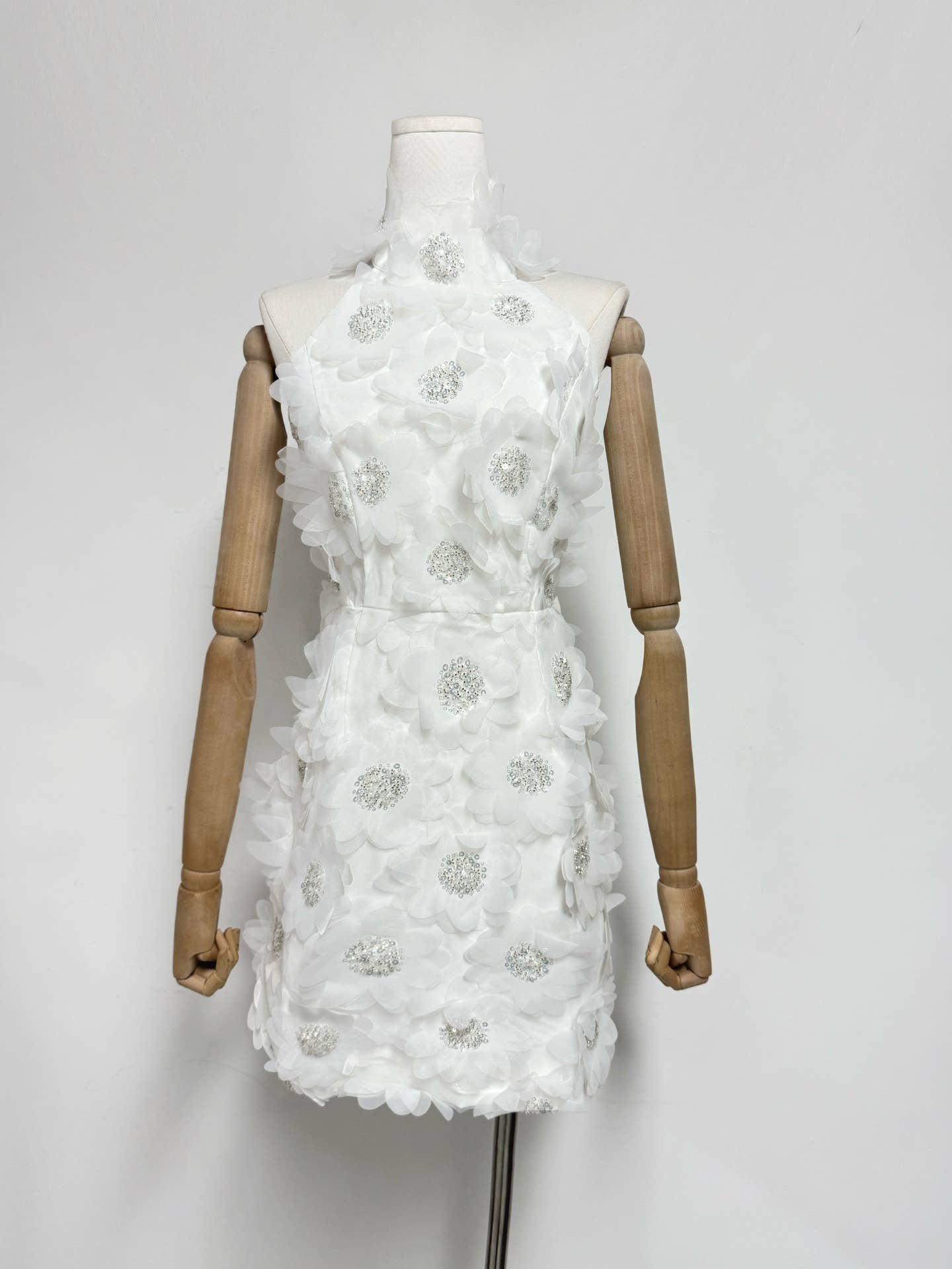 Halter Neck Sequin 3D Floral Backless Mini Dress