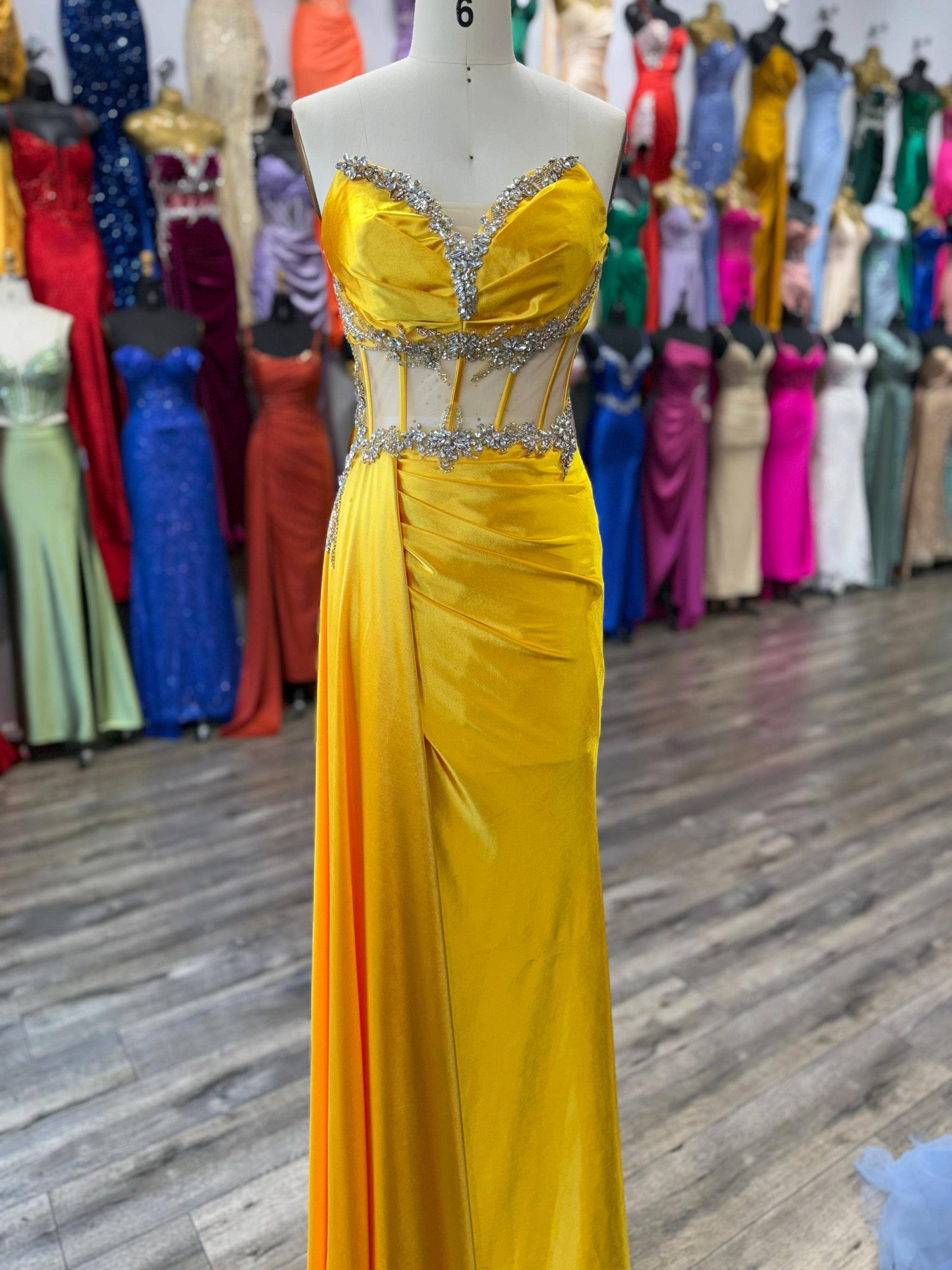 FOR FITTED BEADED HIGH SLIT SATIN DRESS