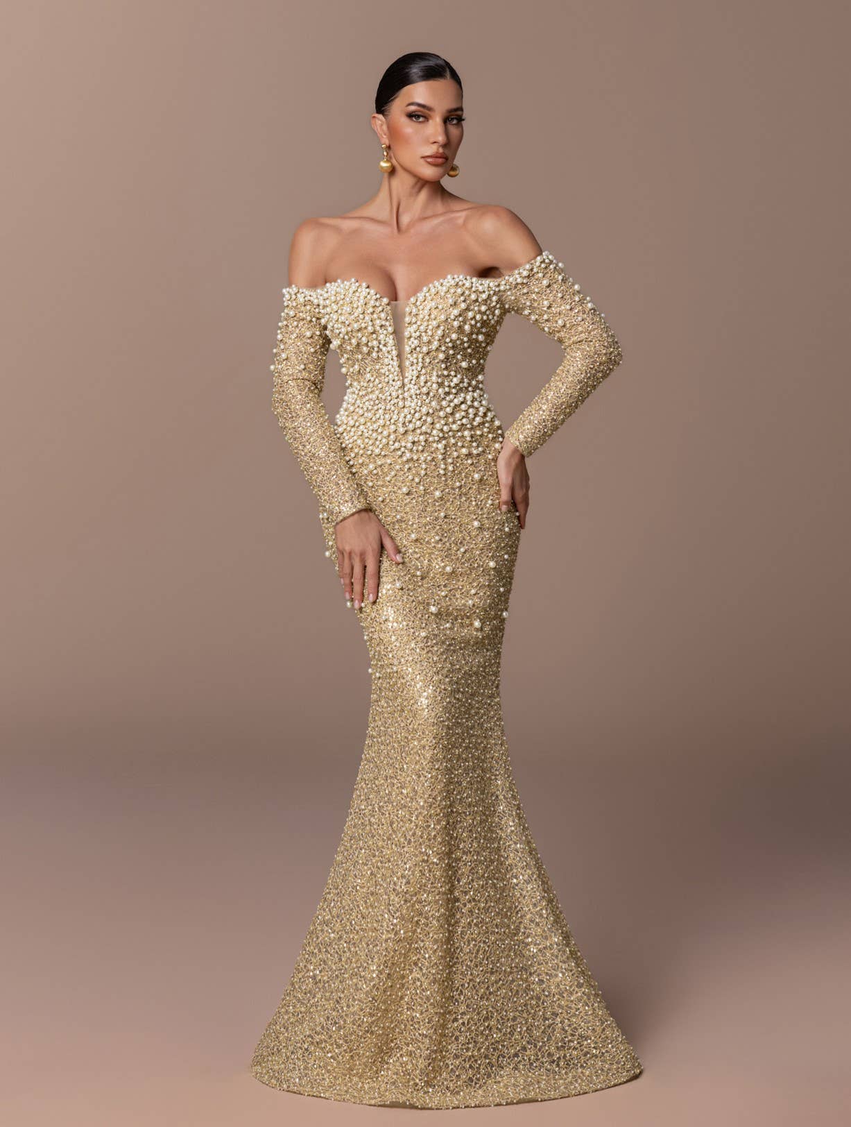 Long Sleeved Open Shoulder Sequin and Pearl Dress