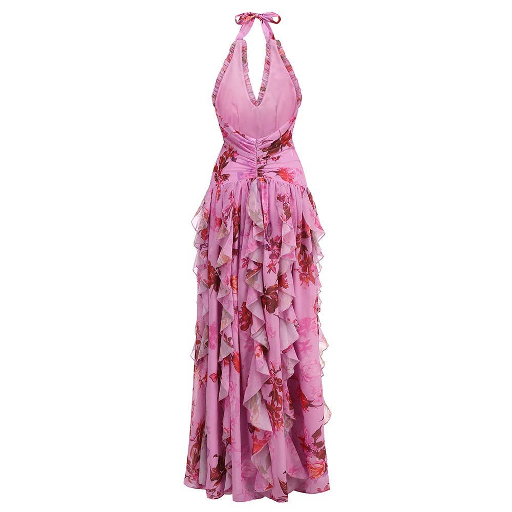 Pink Floral Ruffle Short Sleeve Dress