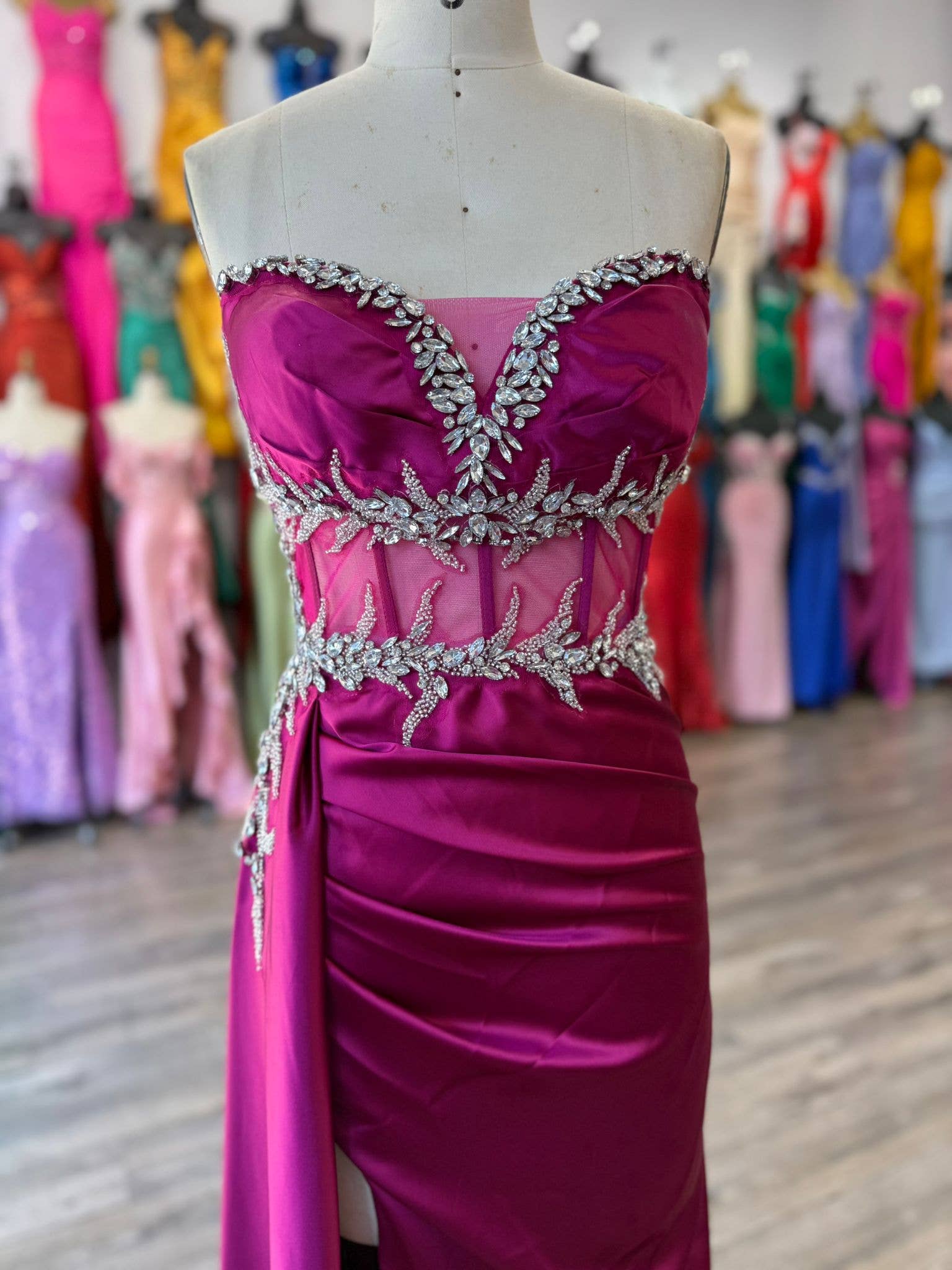 FOR FITTED BEADED HIGH SLIT SATIN DRESS