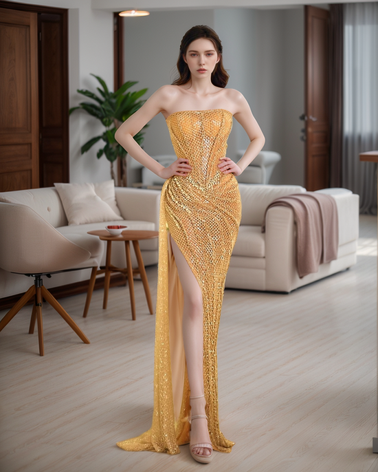 Elegant One-Shoulder Sequin Party Dress with Side Slit
