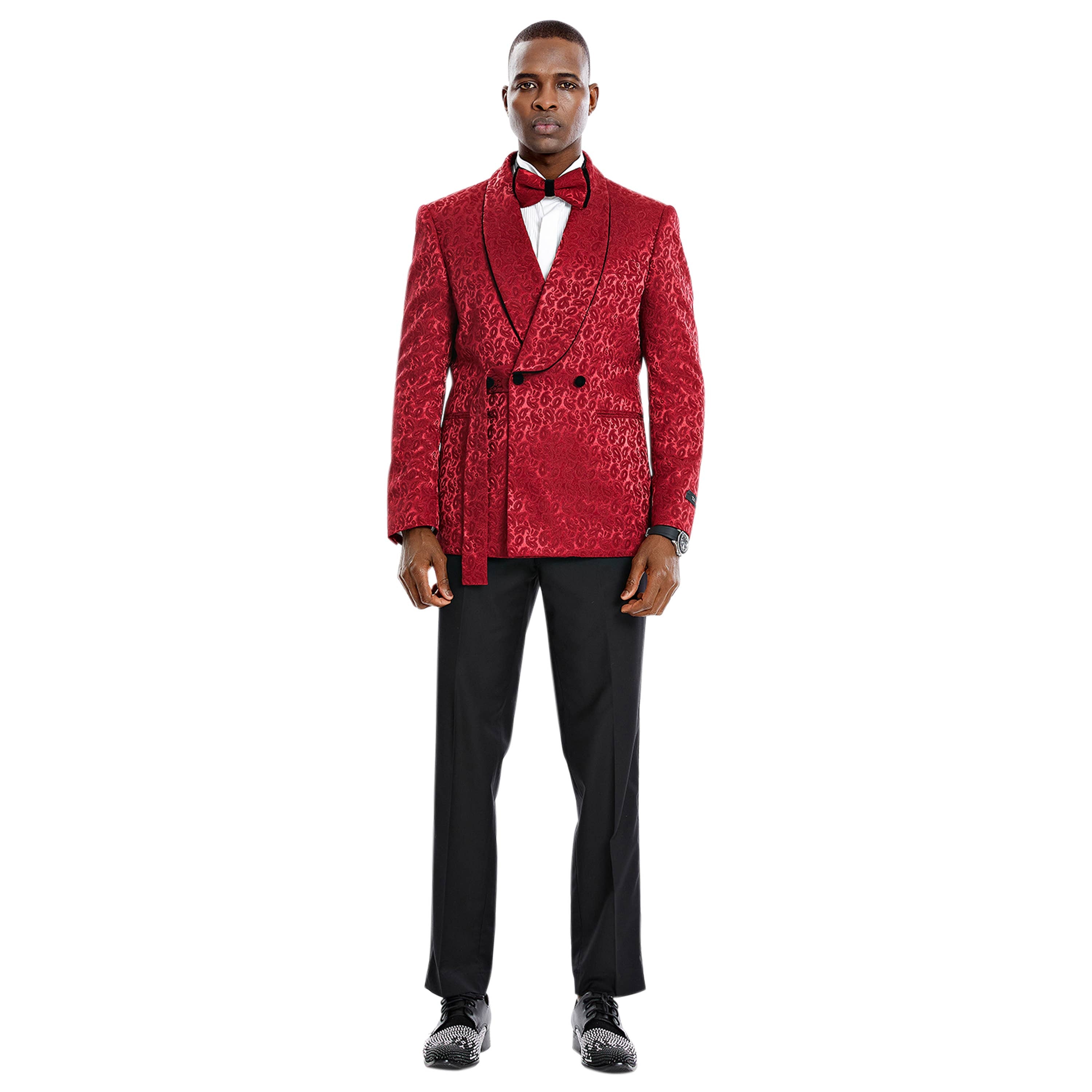 Tazzio 2pc Textured Paisley Double-Breasted Suit, Burgundy
