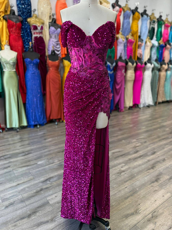 Off Shoulder sweetheart neckline, rhinestone embellished bus