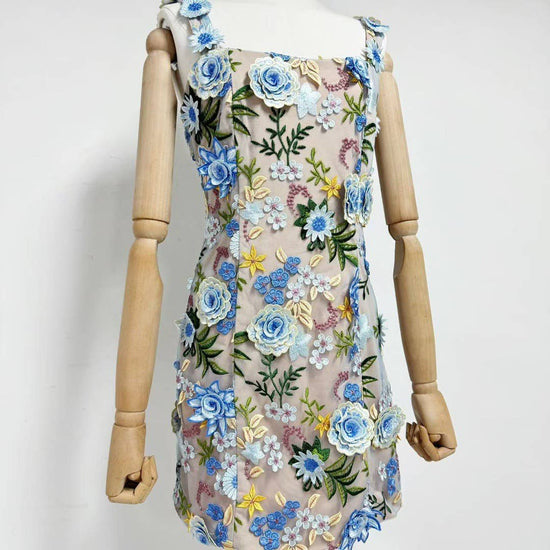 3D Floral Suspender Mini Dress with Slim High Waist