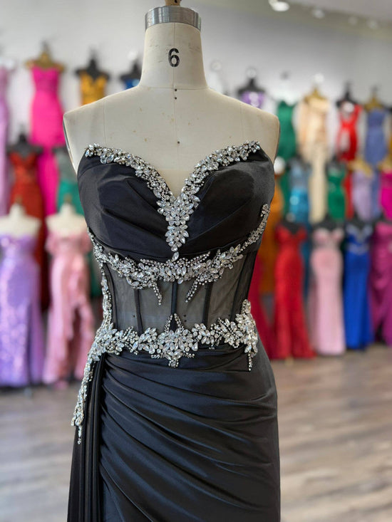 FOR FITTED BEADED HIGH SLIT SATIN DRESS