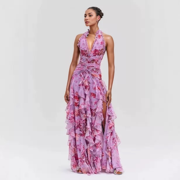 Pink Floral Ruffle Short Sleeve Dress