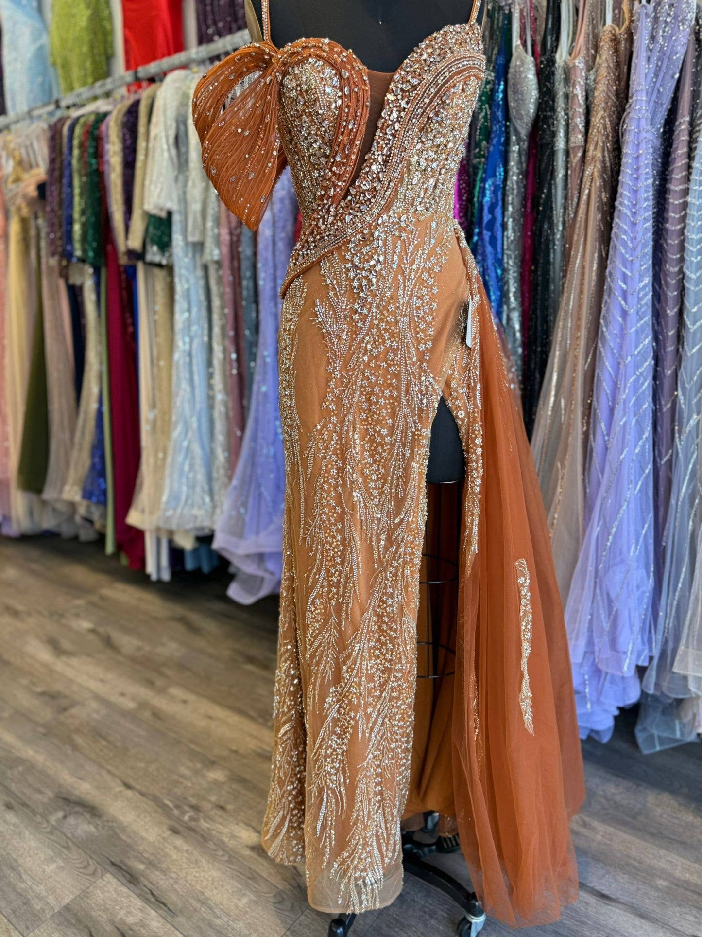 Off- shoulder neckline, embellished ombre motif, tulle overs