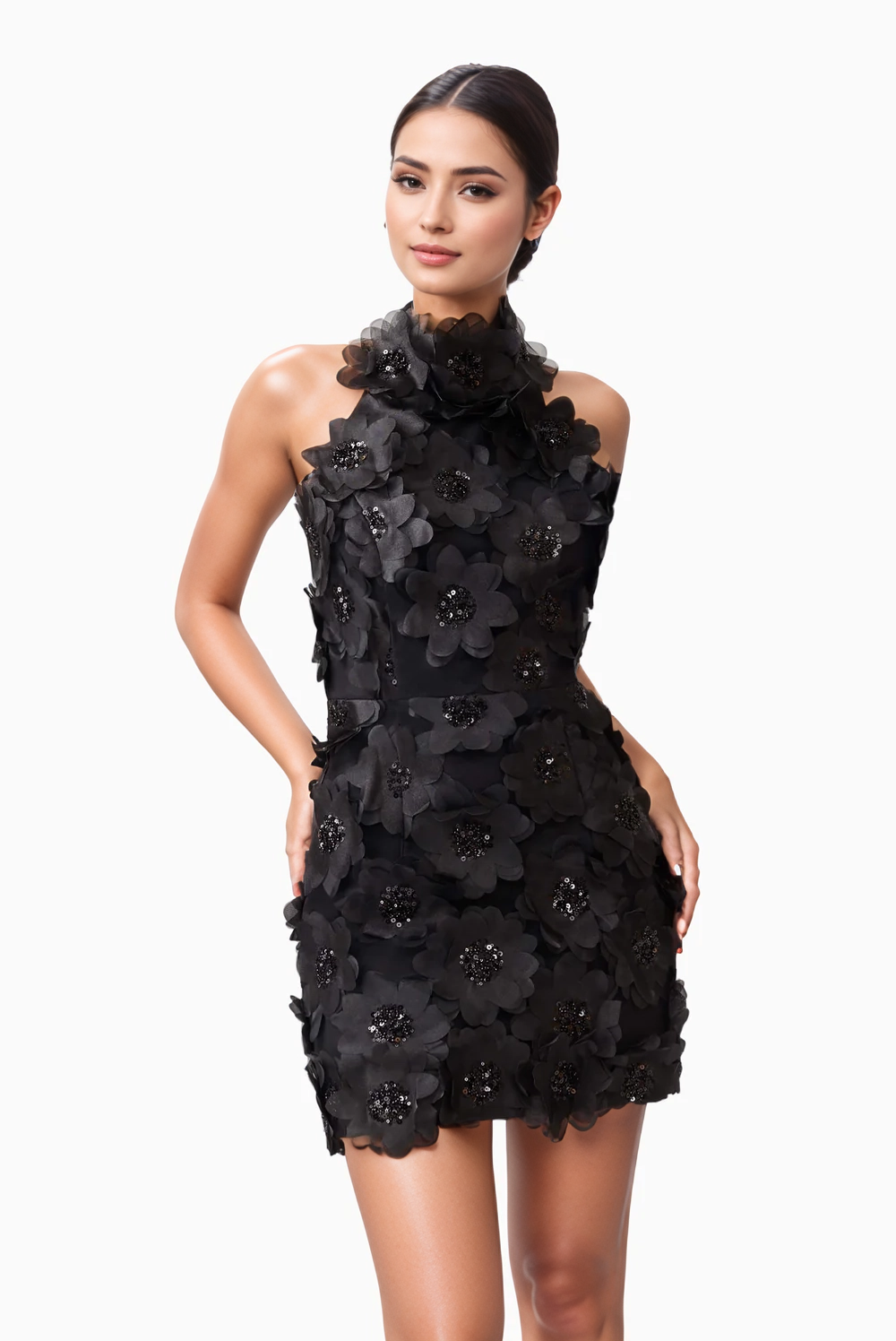 Halter Neck Sequin 3D Floral Backless Mini Dress
