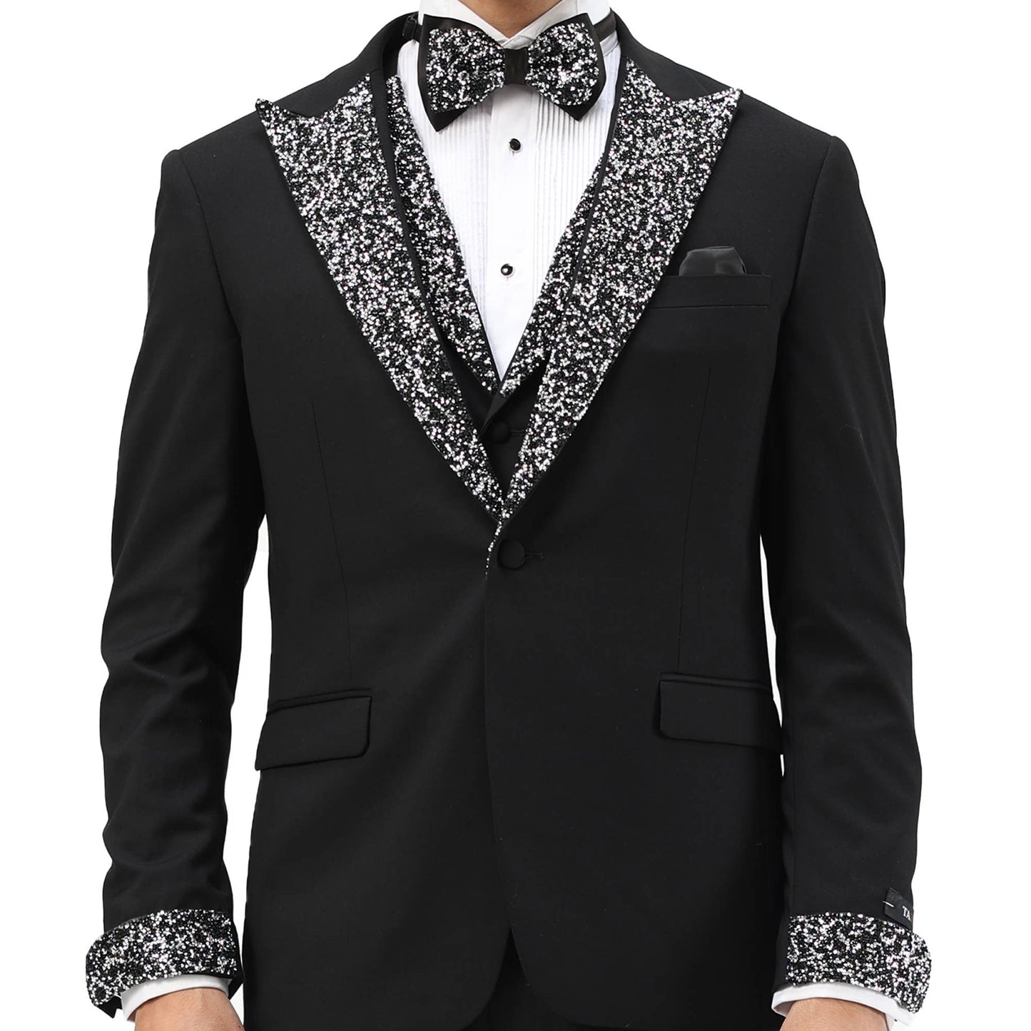 Men's Skinny 3pc Tuxedo w Stone-Studded Peak Lapel, Black