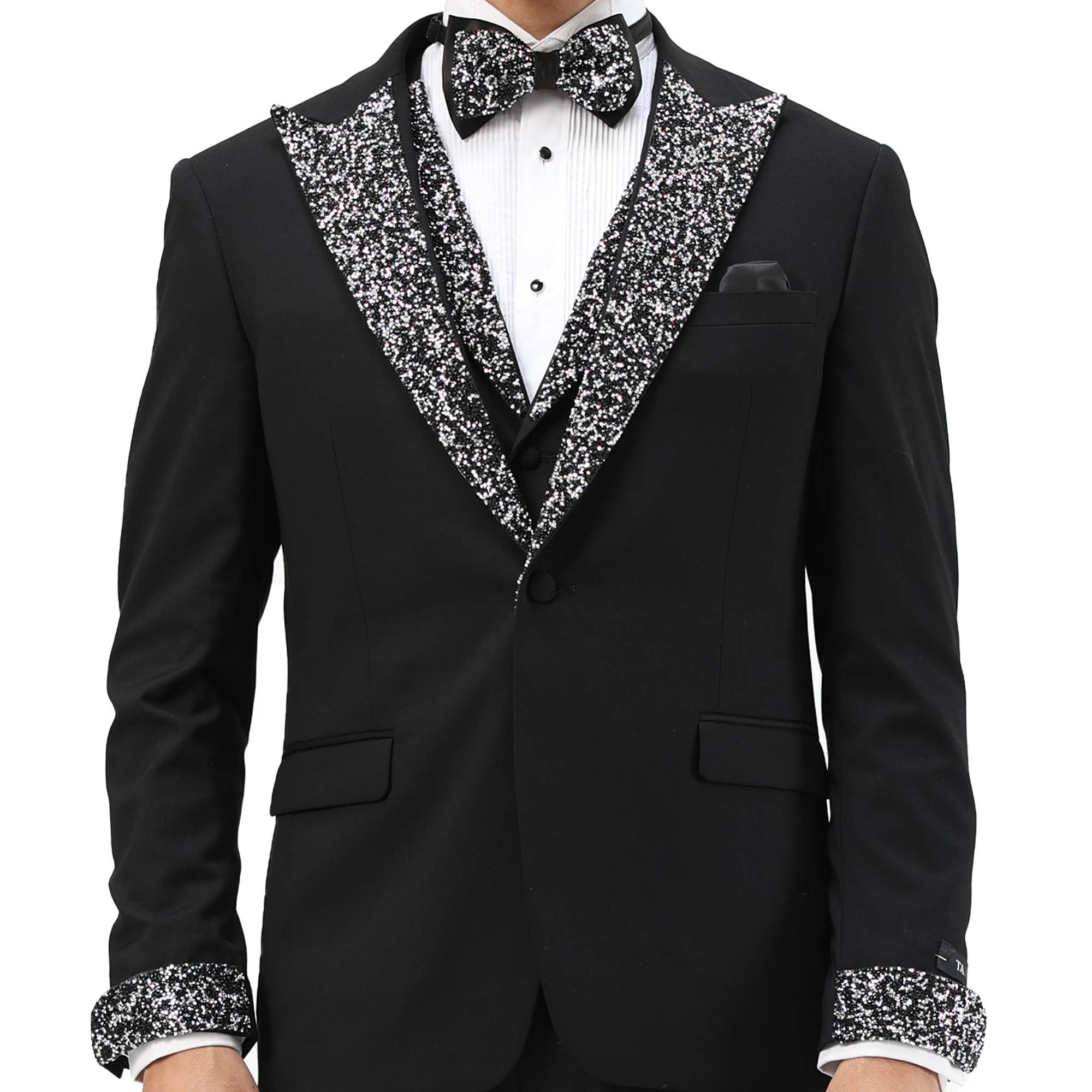 Men's Skinny 3pc Tuxedo w Stone-Studded Peak Lapel, Black