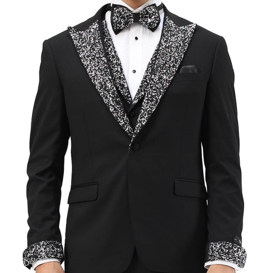 Men's Skinny 3pc Tuxedo w Stone-Studded Peak Lapel, Black