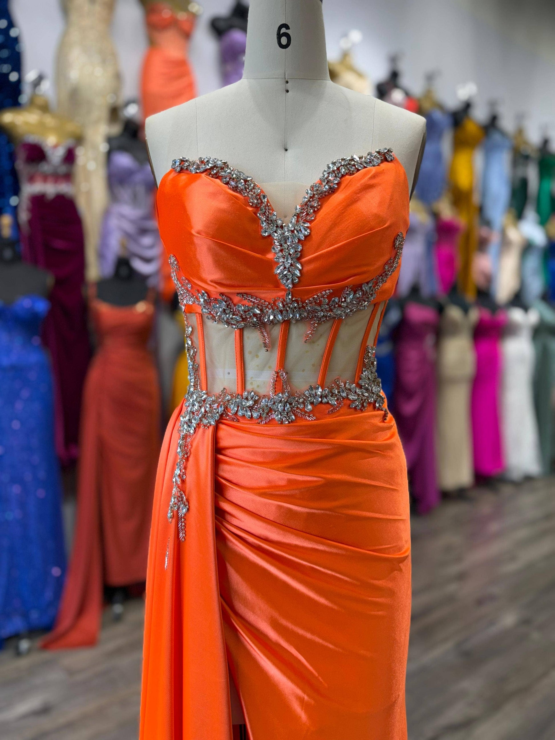 FOR FITTED BEADED HIGH SLIT SATIN DRESS