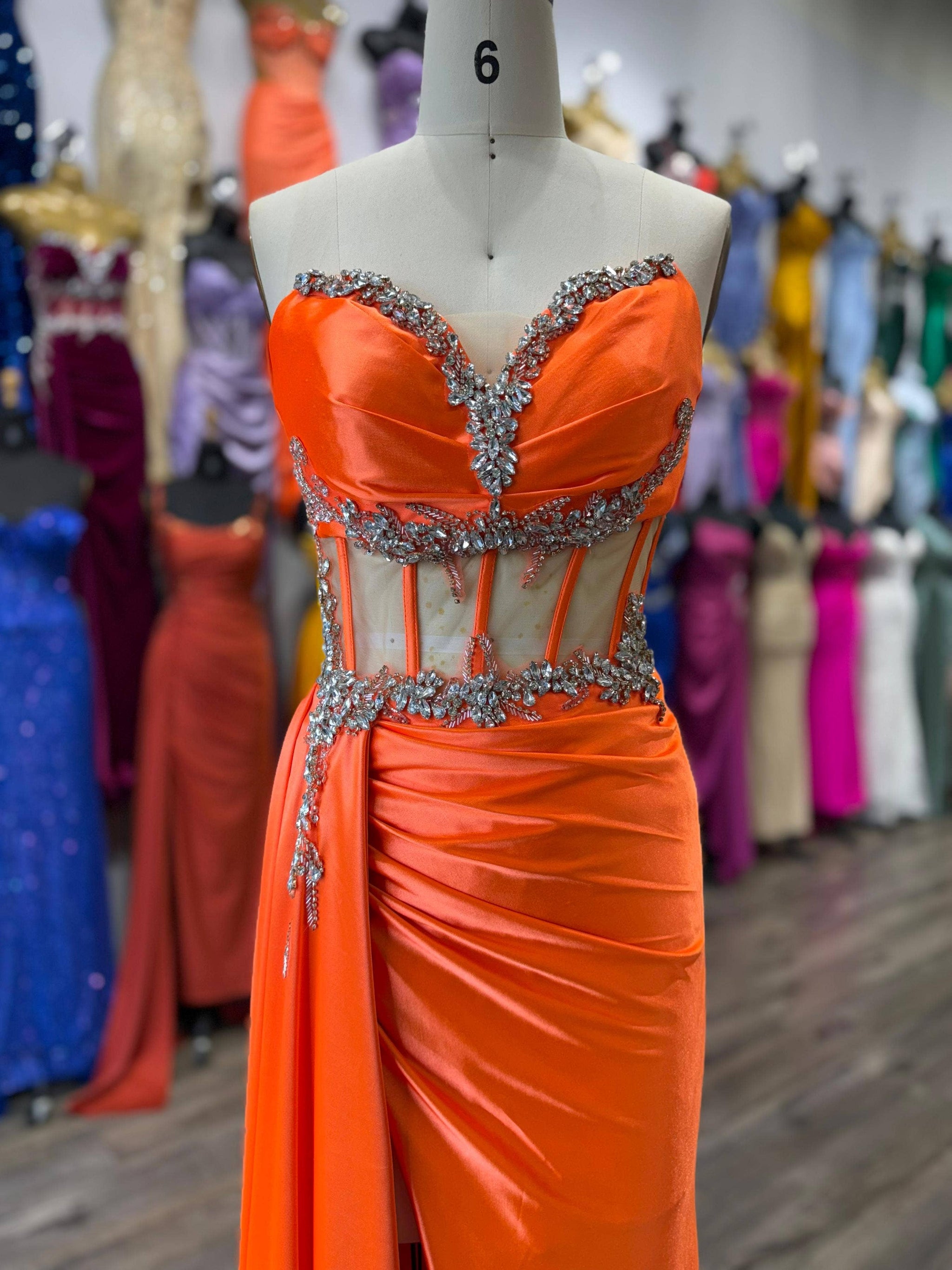 FOR FITTED BEADED HIGH SLIT SATIN DRESS