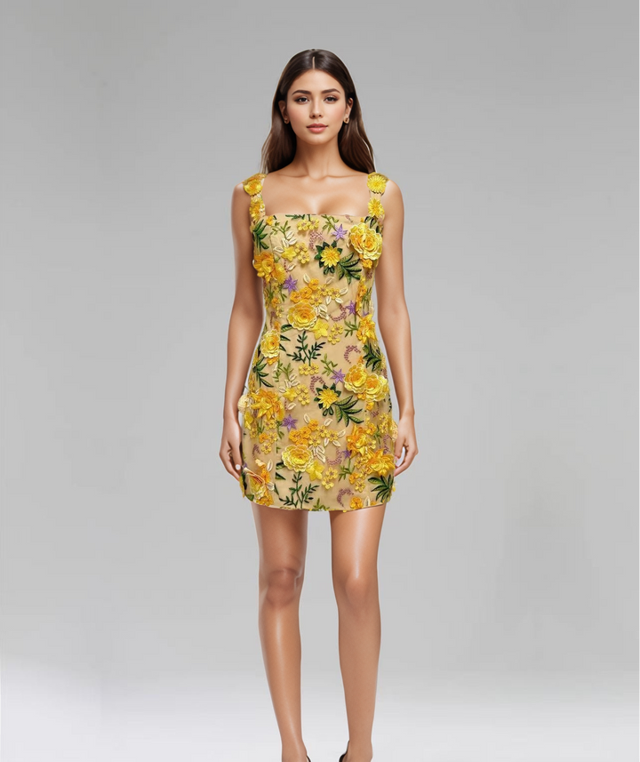 3D Floral Suspender Mini Dress with Slim High Waist