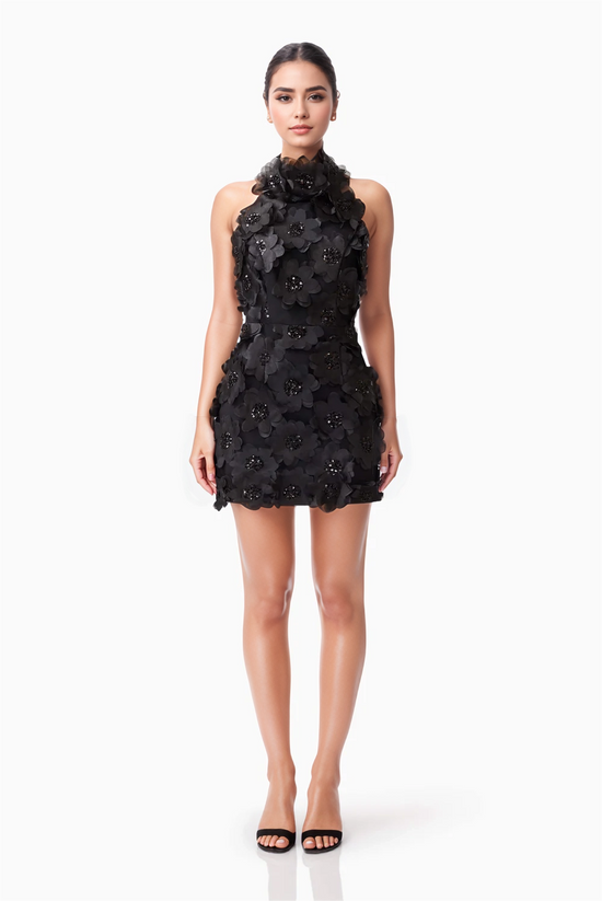 Halter Neck Sequin 3D Floral Backless Mini Dress