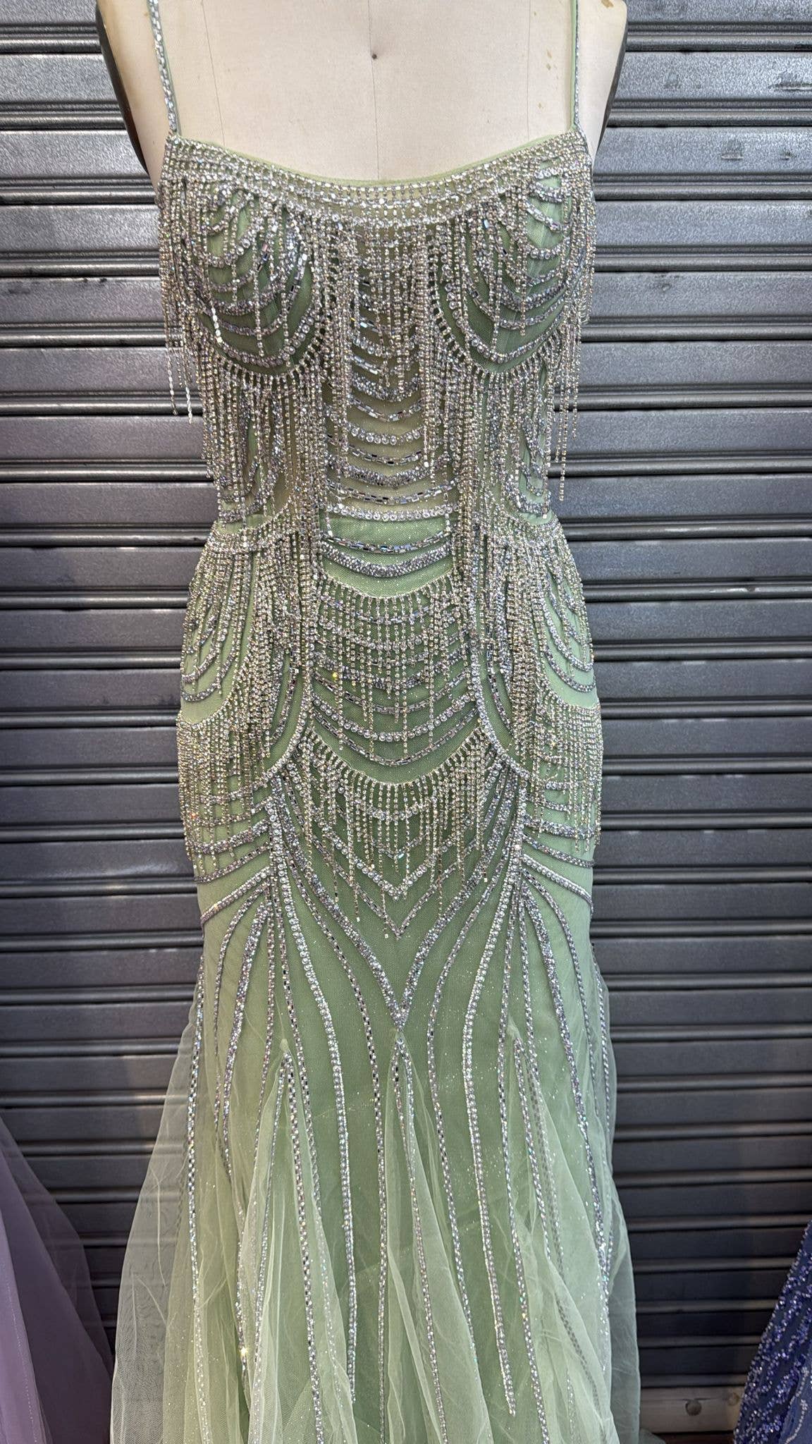 Sweetheart neckline, thin straps, sheer bodice & linier bead