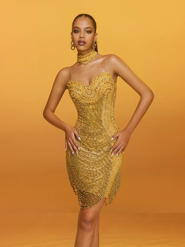 Crystal and Pearl Fringe Chain Mini Dress