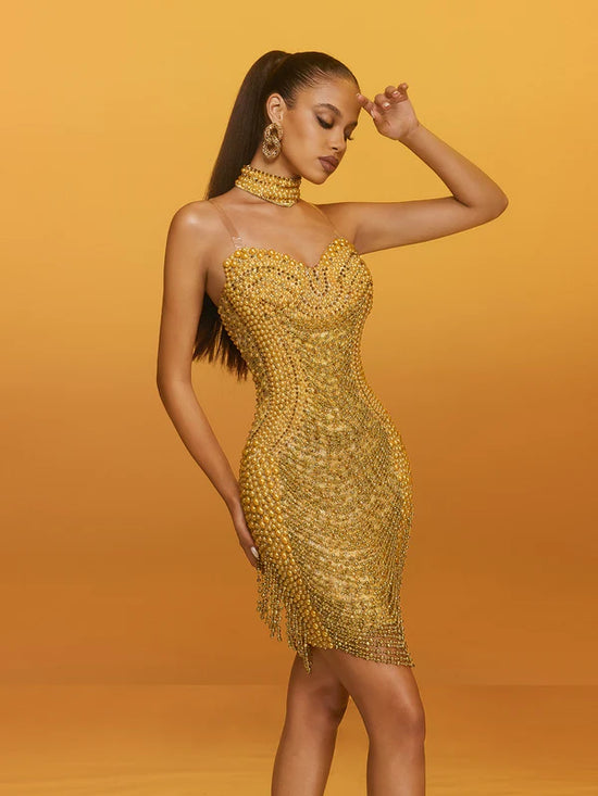 Crystal and Pearl Fringe Chain Mini Dress