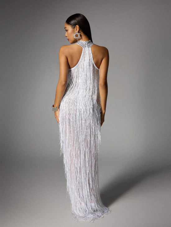 Halterneck Fringe Cutout Split Maxi Dress