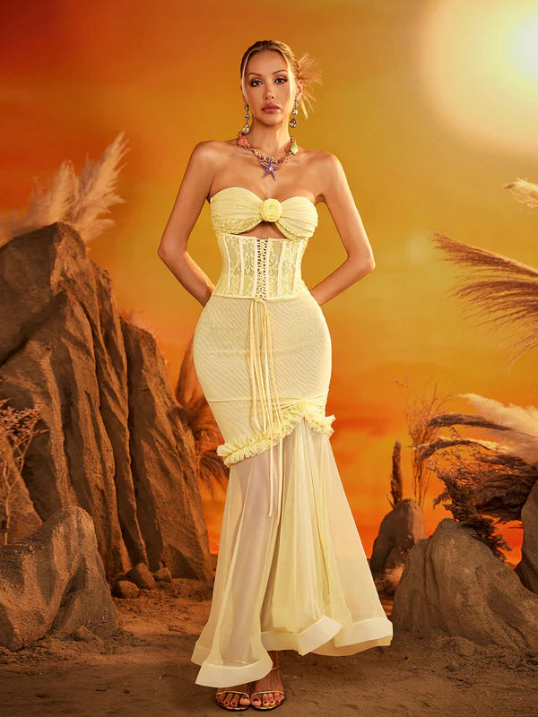 Yellow  Strapless Lace Up Mesh Maxi Dress